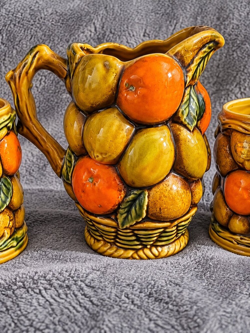 Vintage 1960s–70s Ceramic Fruit Pitcher & Mug Set – 3 Piece Raised Fruit Kitchen
